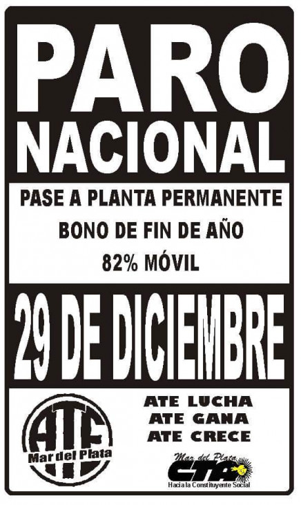 imagen ATE Nacional convocó a un paro para el 29 de diciembre
